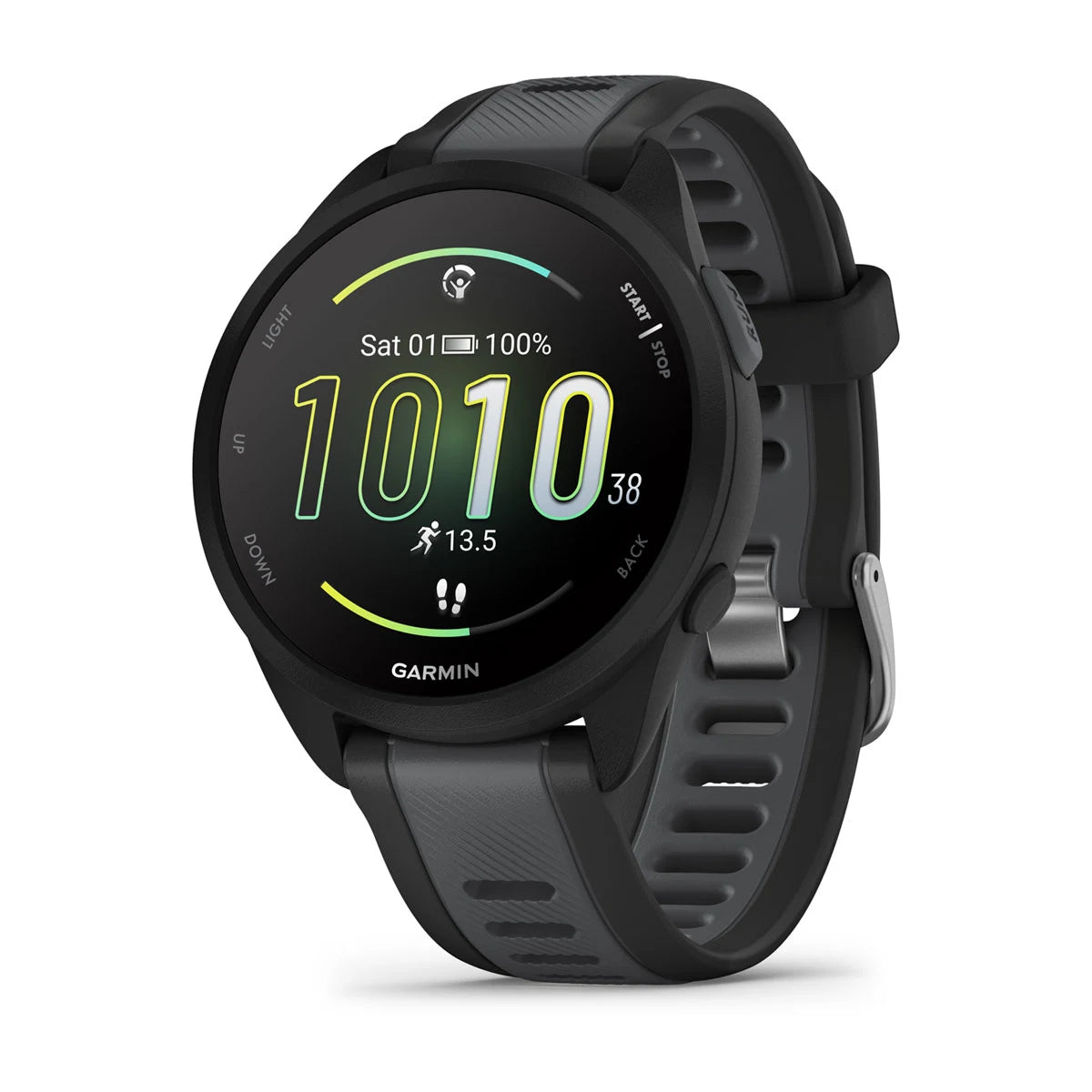 Garmin smartwatch with black band on a white background