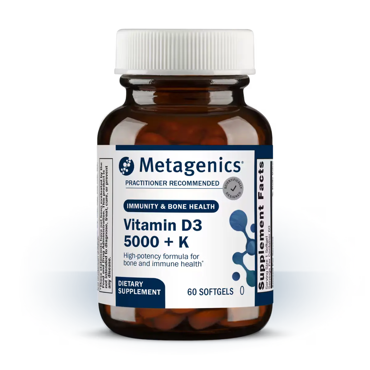 Metagenics Vitamin D3 5000 + K dietary supplement bottle on a white background