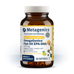 Metagenics OmegaGenics Fish Oil EPA-DHA supplement bottle on a white background