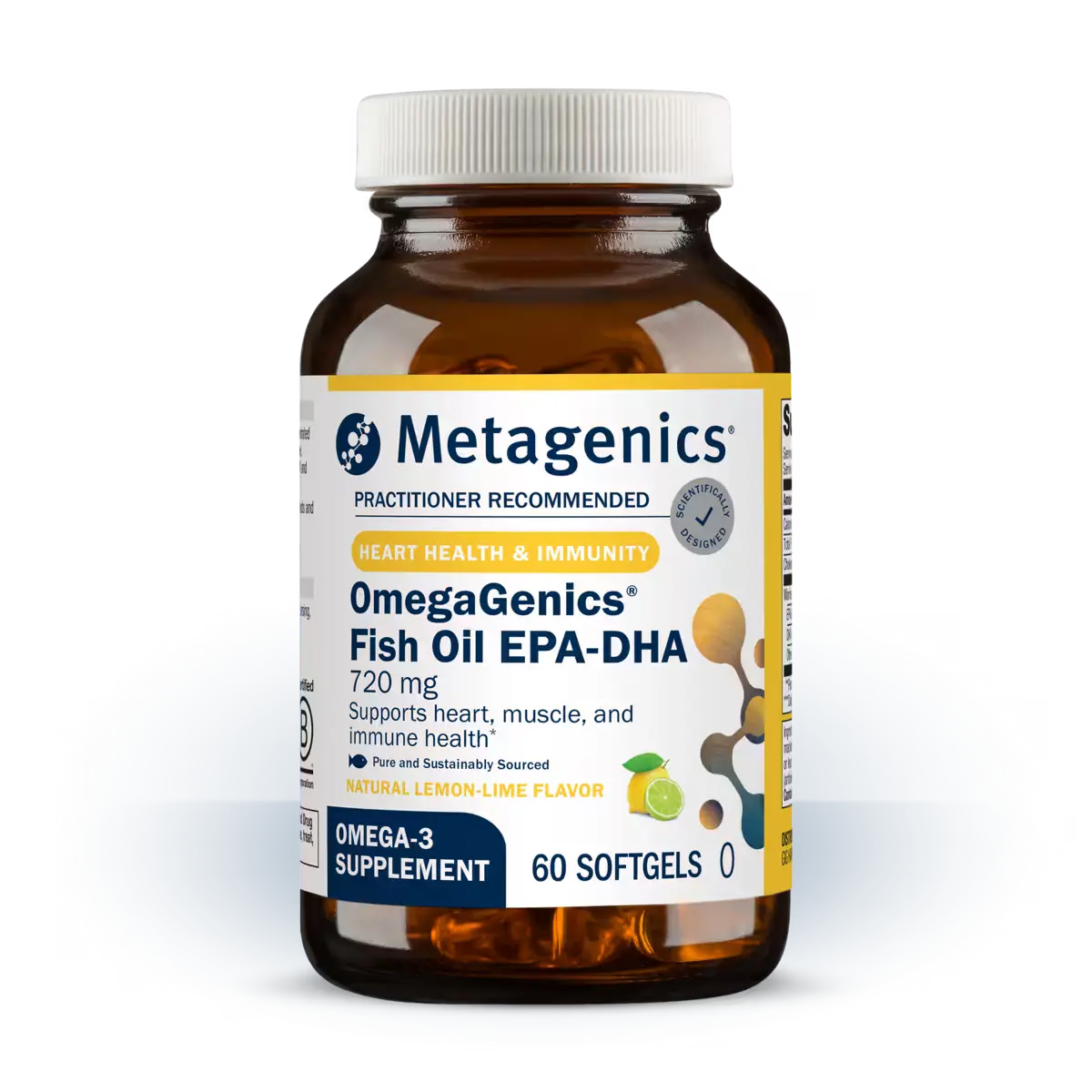 Metagenics OmegaGenics Fish Oil EPA-DHA supplement bottle on a white background