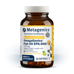 Metagenics OmegaGenics Fish Oil EPA-DHA supplement bottle on a white background
