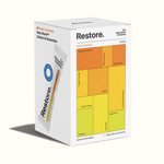 Box of 'Restore' products with colorful labels on a white background