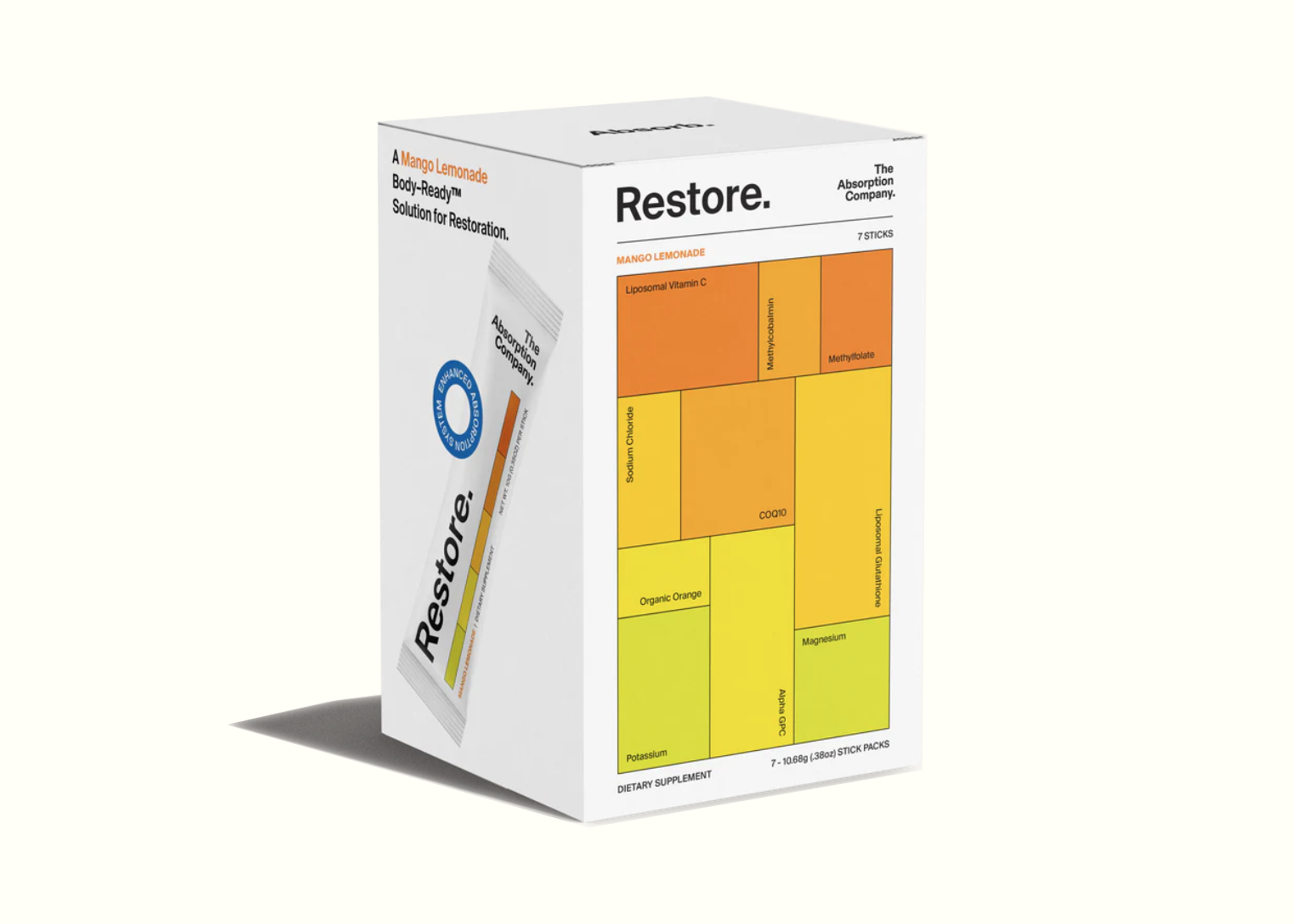 Box of 'Restore' products with colorful labels on a white background