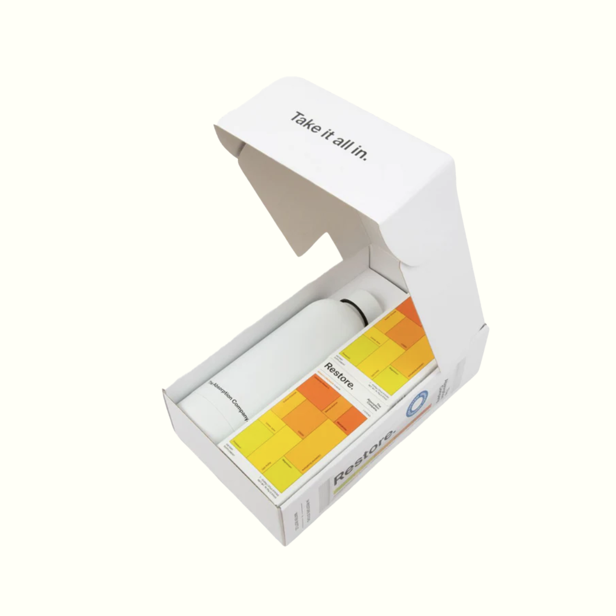 White box with a cylindrical product inside, featuring a colorful label on a white background.