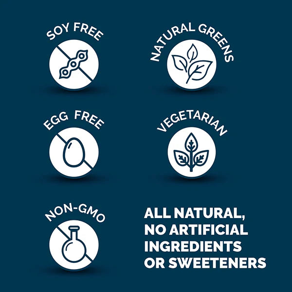 Set of dietary label icons on a dark blue background with white text and symbols.